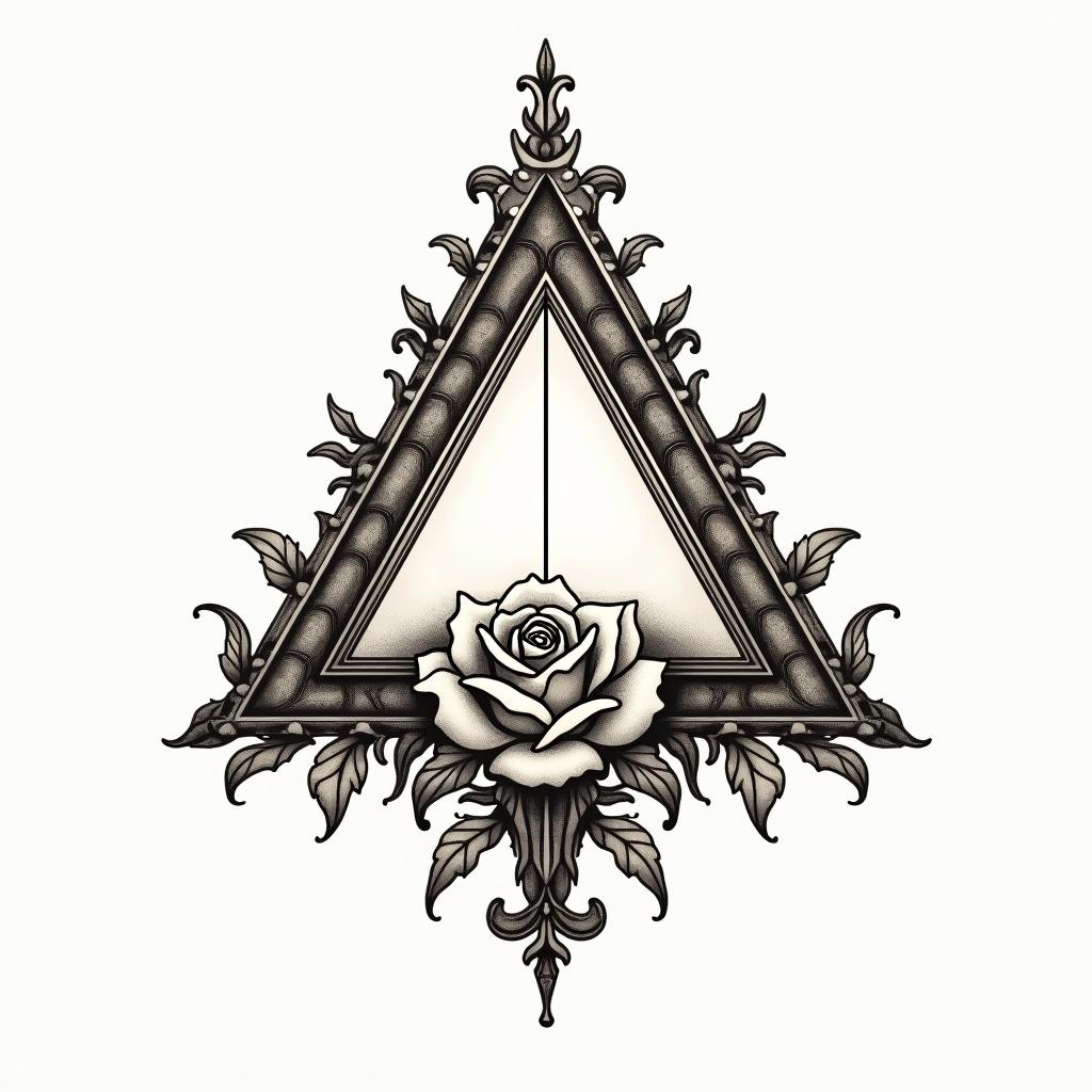 Simple triangle with a line through itin victorian style tattoo, featuring vintage and elegant elements, ornate frames, roses, antique, sepia-toned color scheme - Variation 2