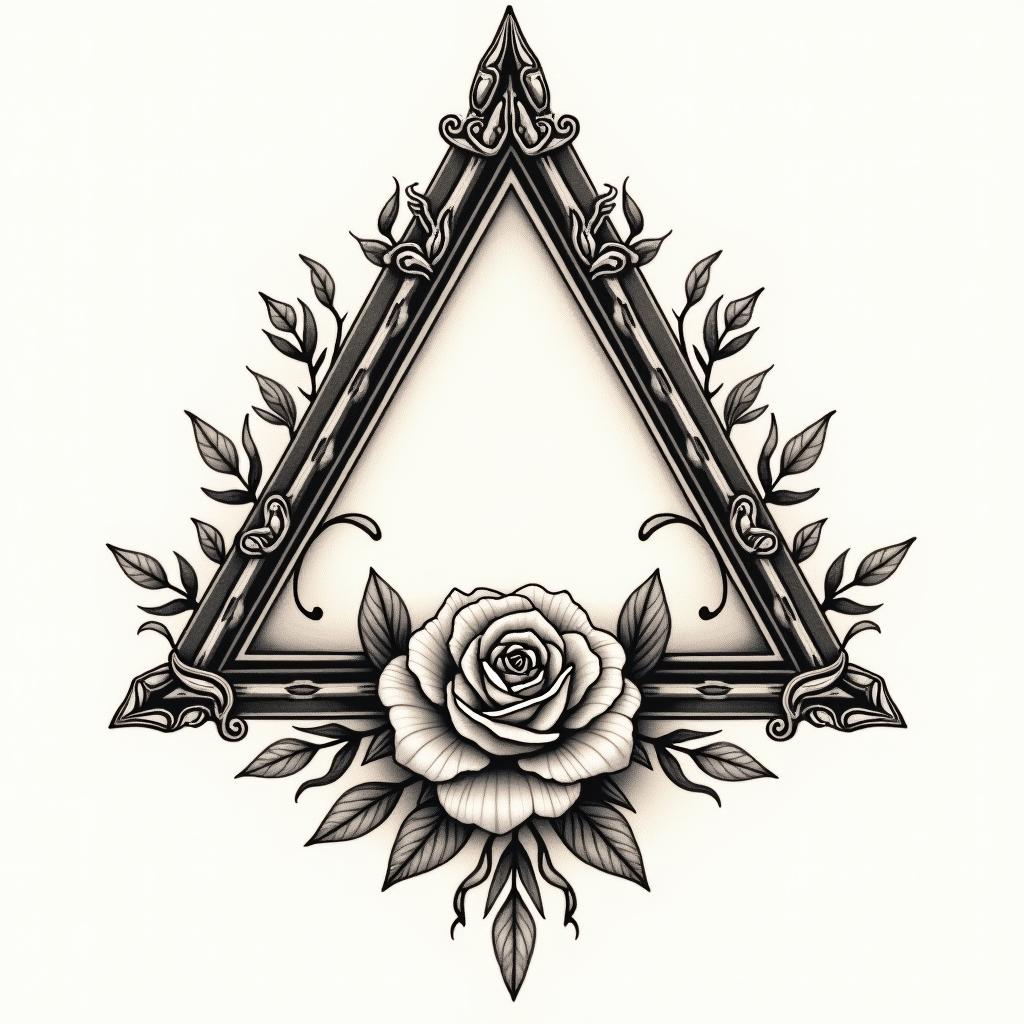 Simple triangle with a line through itin victorian style tattoo, featuring vintage and elegant elements, ornate frames, roses, antique, sepia-toned color scheme