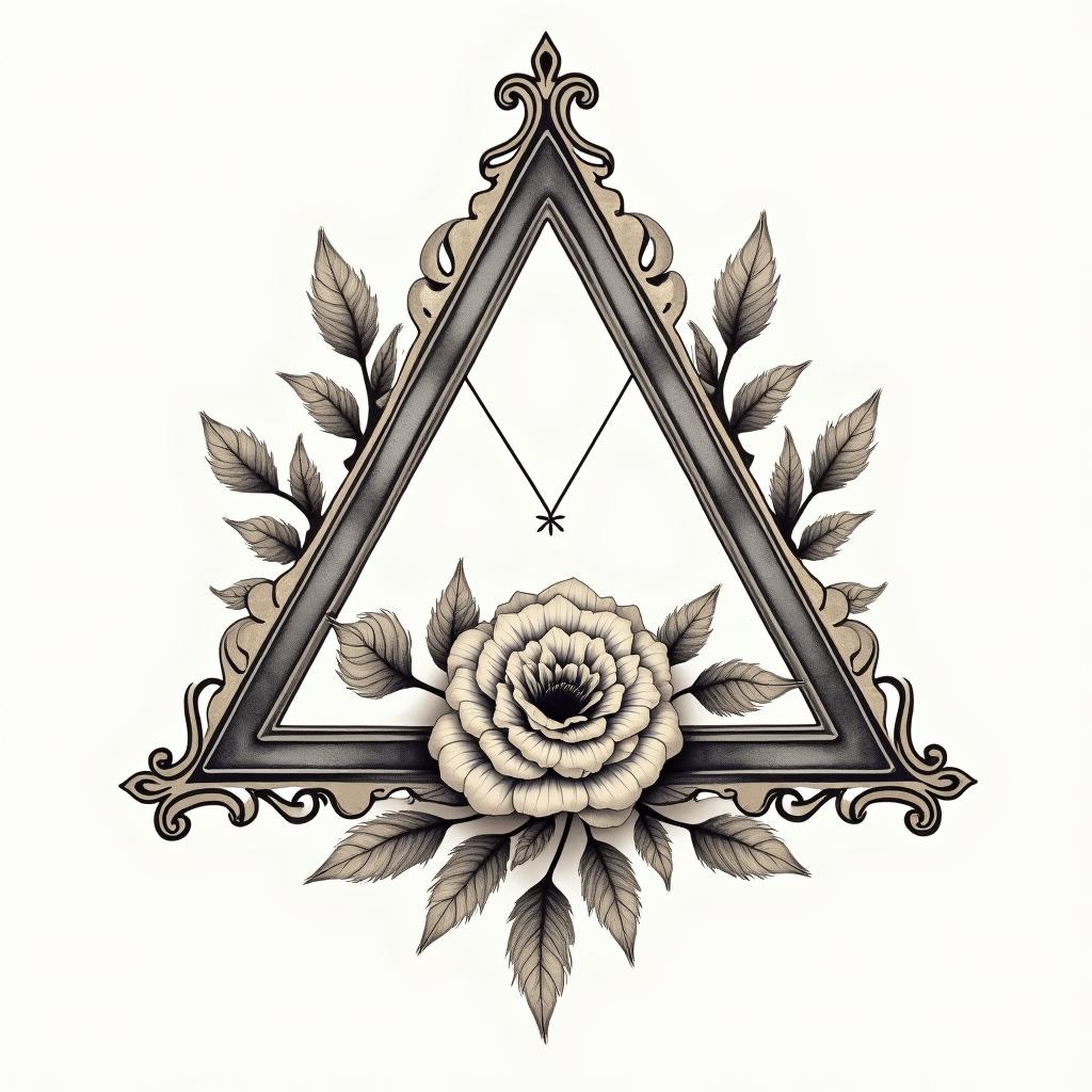 Simple triangle with a line through itin victorian style tattoo, featuring vintage and elegant elements, ornate frames, roses, antique, sepia-toned color scheme - Variation 4