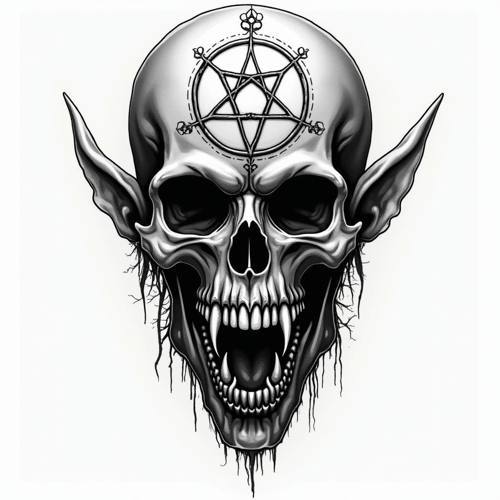 Death tarotcreepy horror tattoo style, featuring an eerie and unsettling skull of a demonic creature, distorted face with sharp fangs, add pentagram symbol - Variation 3