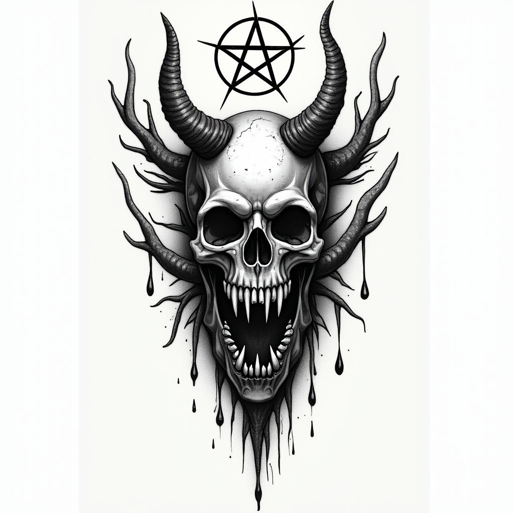 Death tarotcreepy horror tattoo style, featuring an eerie and unsettling skull of a demonic creature, distorted face with sharp fangs, add pentagram symbol
