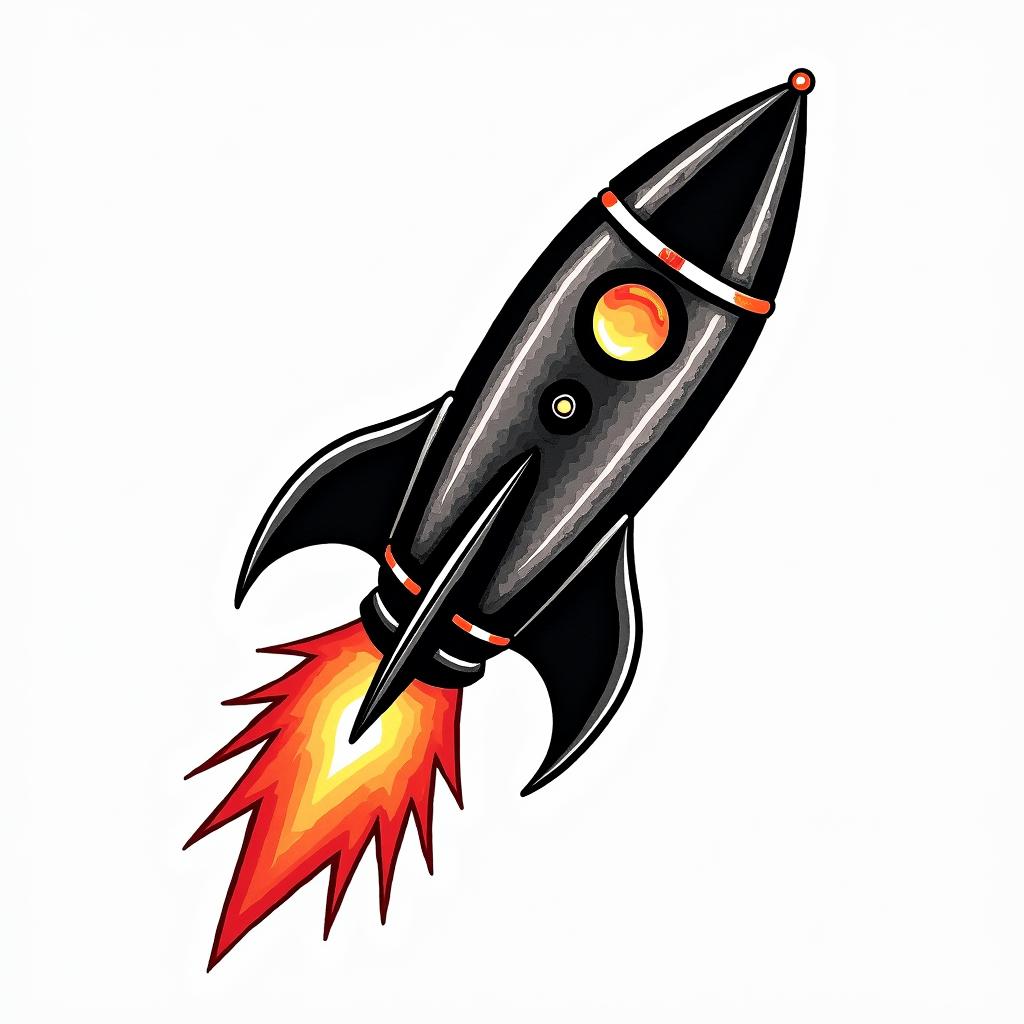 Fine line black rocketin pop art style tattoo, featuring bold and vibrant colors, exaggerated outlines, iconic imagery, inspired by comic books and speech bubbles, comic book characters, retro pop culture - Variation 3