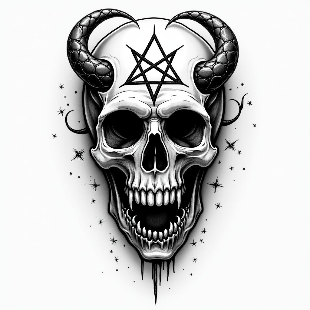 Death tarotcreepy horror tattoo style, featuring an eerie and unsettling skull of a demonic creature, distorted face with sharp fangs, add pentagram symbol - Variation 4