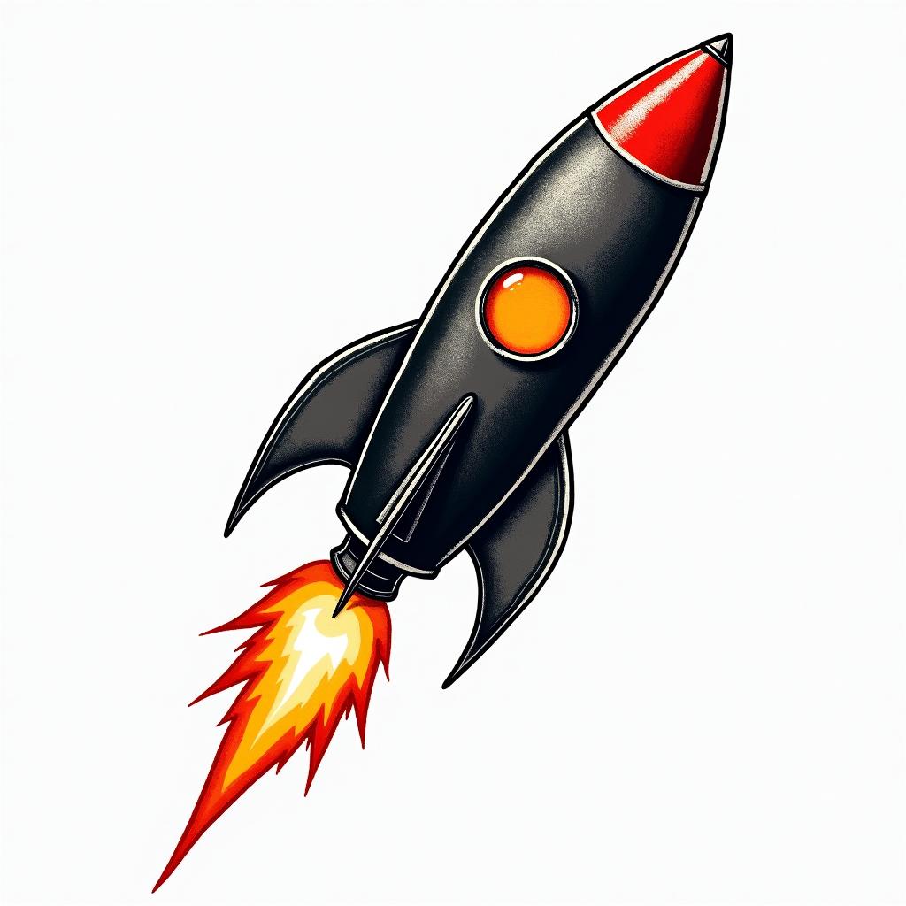 Fine line black rocketin pop art style tattoo, featuring bold and vibrant colors, exaggerated outlines, iconic imagery, inspired by comic books and speech bubbles, comic book characters, retro pop culture - Variation 2