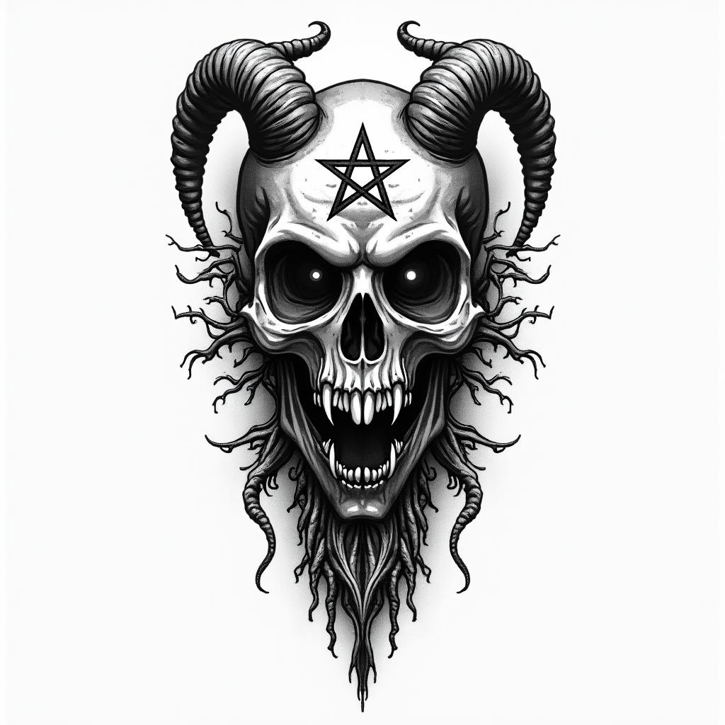 Death tarotcreepy horror tattoo style, featuring an eerie and unsettling skull of a demonic creature, distorted face with sharp fangs, add pentagram symbol - Variation 2