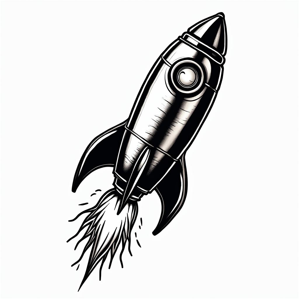 Fine line black rocketin pop art style tattoo, featuring bold and vibrant colors, exaggerated outlines, iconic imagery, inspired by comic books and speech bubbles, comic book characters, retro pop culture - Variation 4