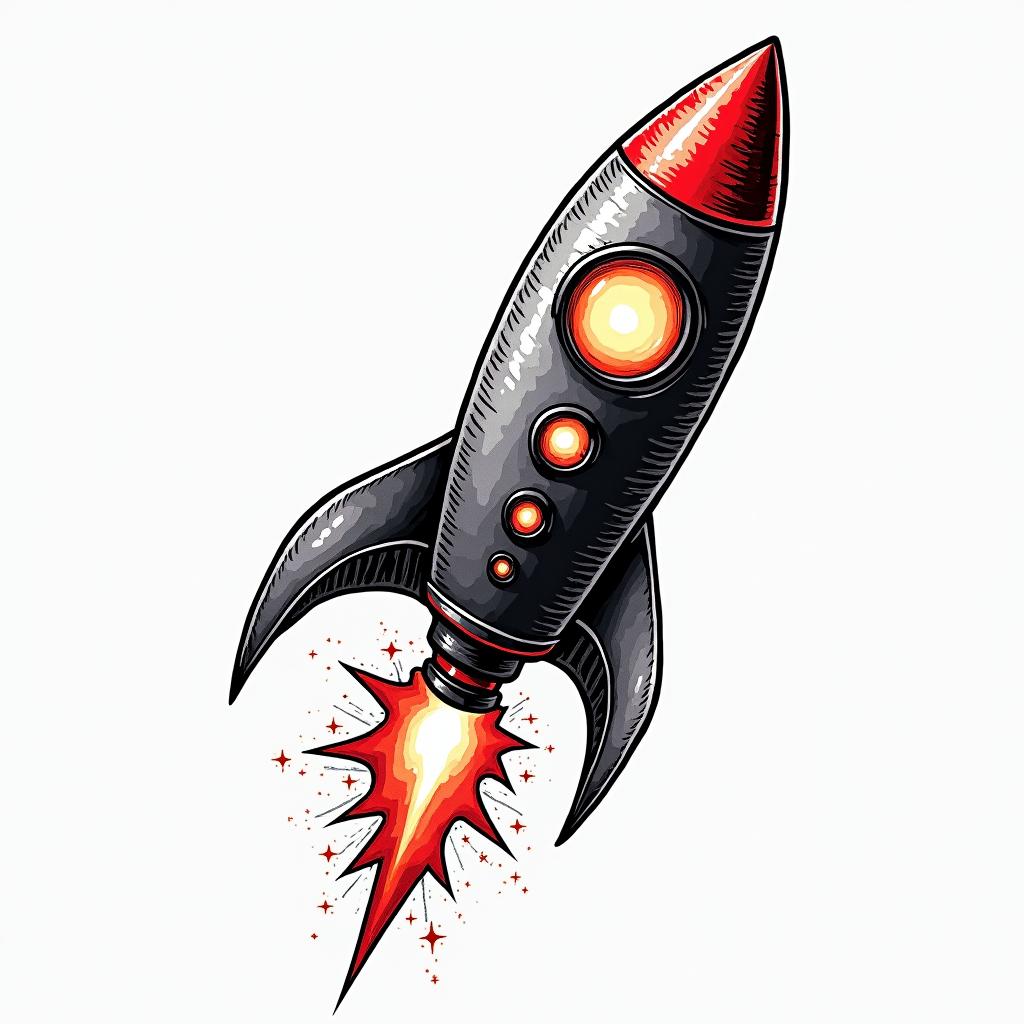 Fine line black rocketin pop art style tattoo, featuring bold and vibrant colors, exaggerated outlines, iconic imagery, inspired by comic books and speech bubbles, comic book characters, retro pop culture