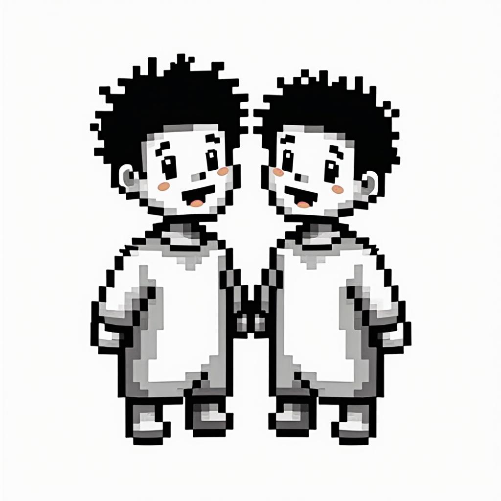 Sons boys, Joca and Guiin 8-bit tattoo style, minimalistic pixel style tattoo, pixel art with simplified shapes and retro gaming visuals, inspired by 8-bit pixel based detailing