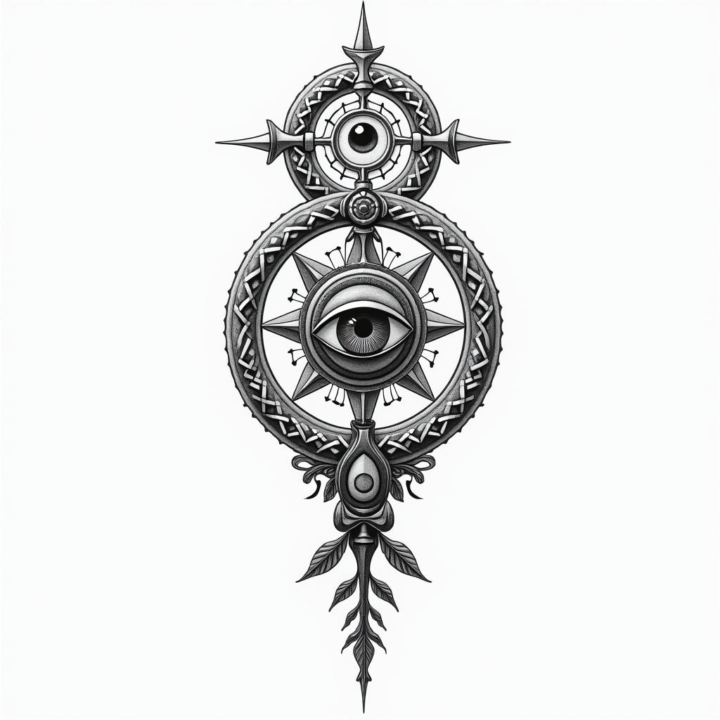 Death of my fatherin spiritual symbols tattoo style, featuring an intricate design incorporating elements, Hamsa hand, third eye, minimalist composition - Variation 3