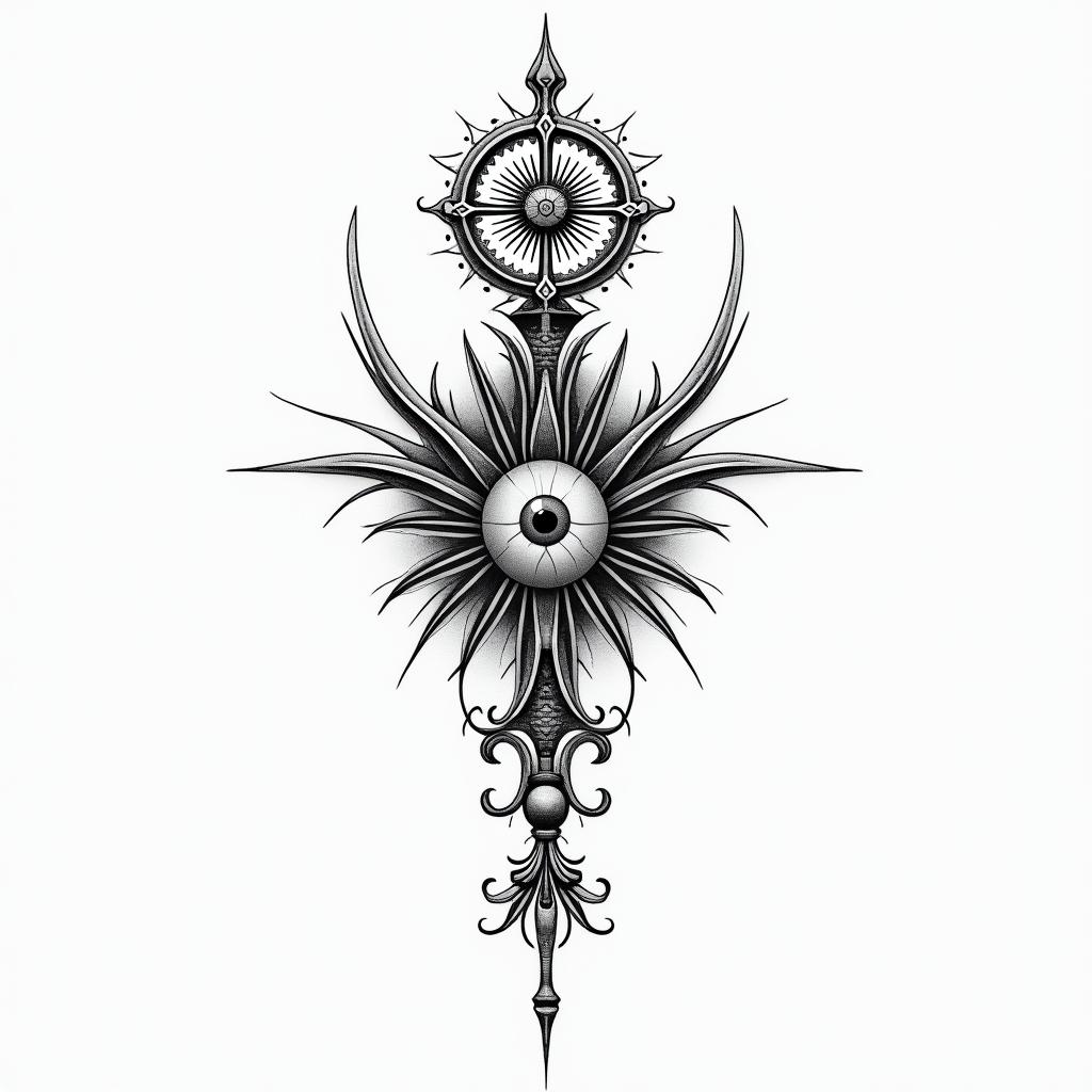 Death of my fatherin spiritual symbols tattoo style, featuring an intricate design incorporating elements, Hamsa hand, third eye, minimalist composition - Variation 4