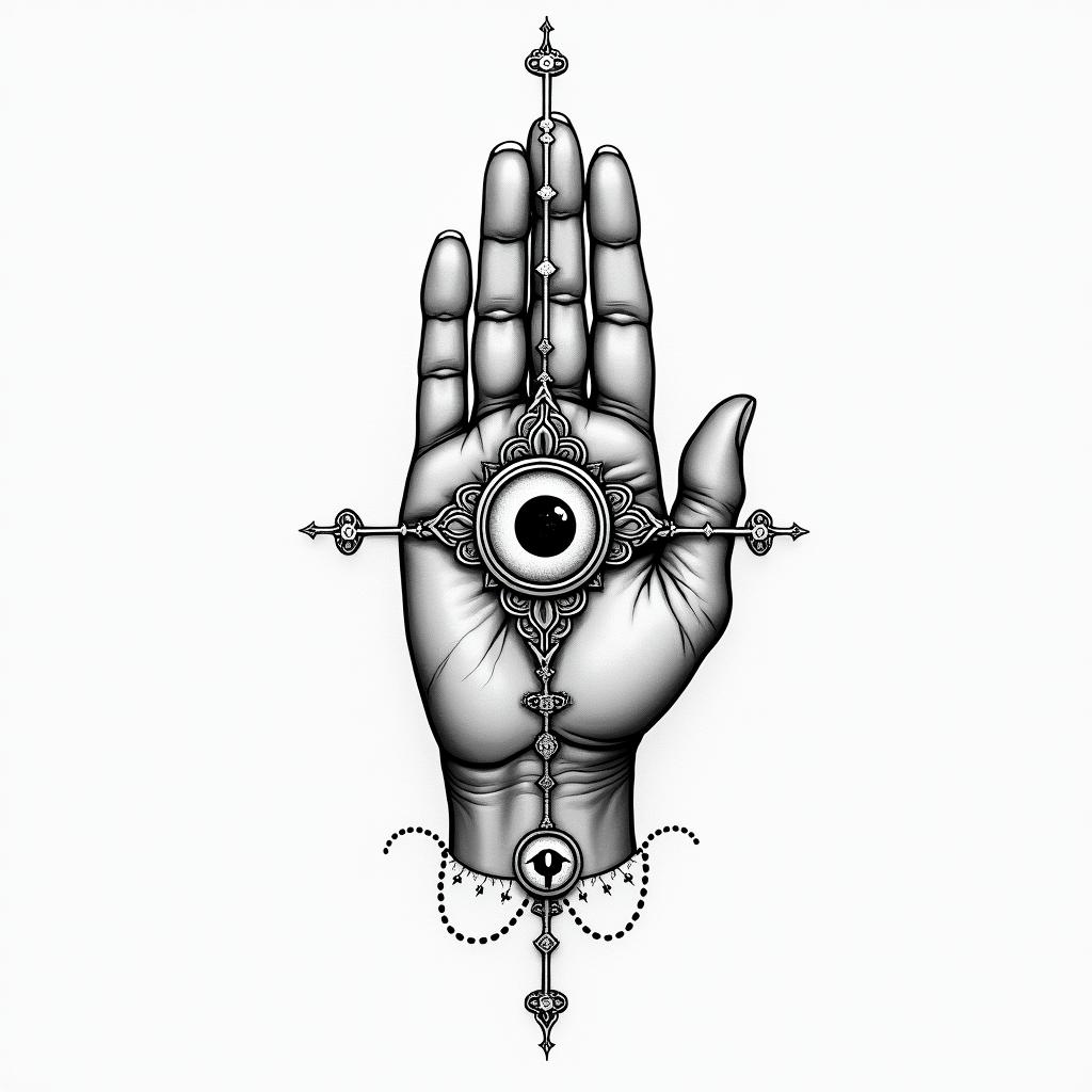 Death of my fatherin spiritual symbols tattoo style, featuring an intricate design incorporating elements, Hamsa hand, third eye, minimalist composition - Variation 2