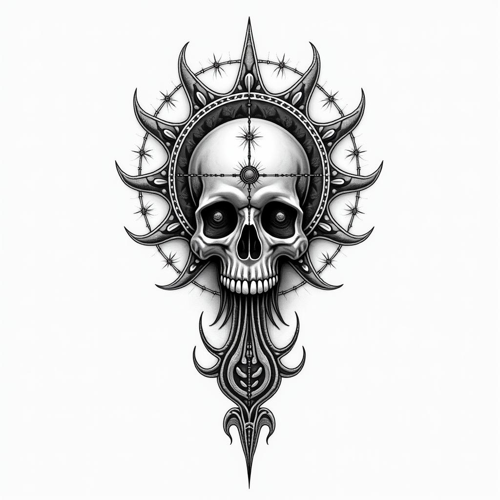 Death tarot cardin spiritual symbols tattoo style, featuring an intricate design incorporating elements, Hamsa hand, third eye, minimalist composition - Variation 2