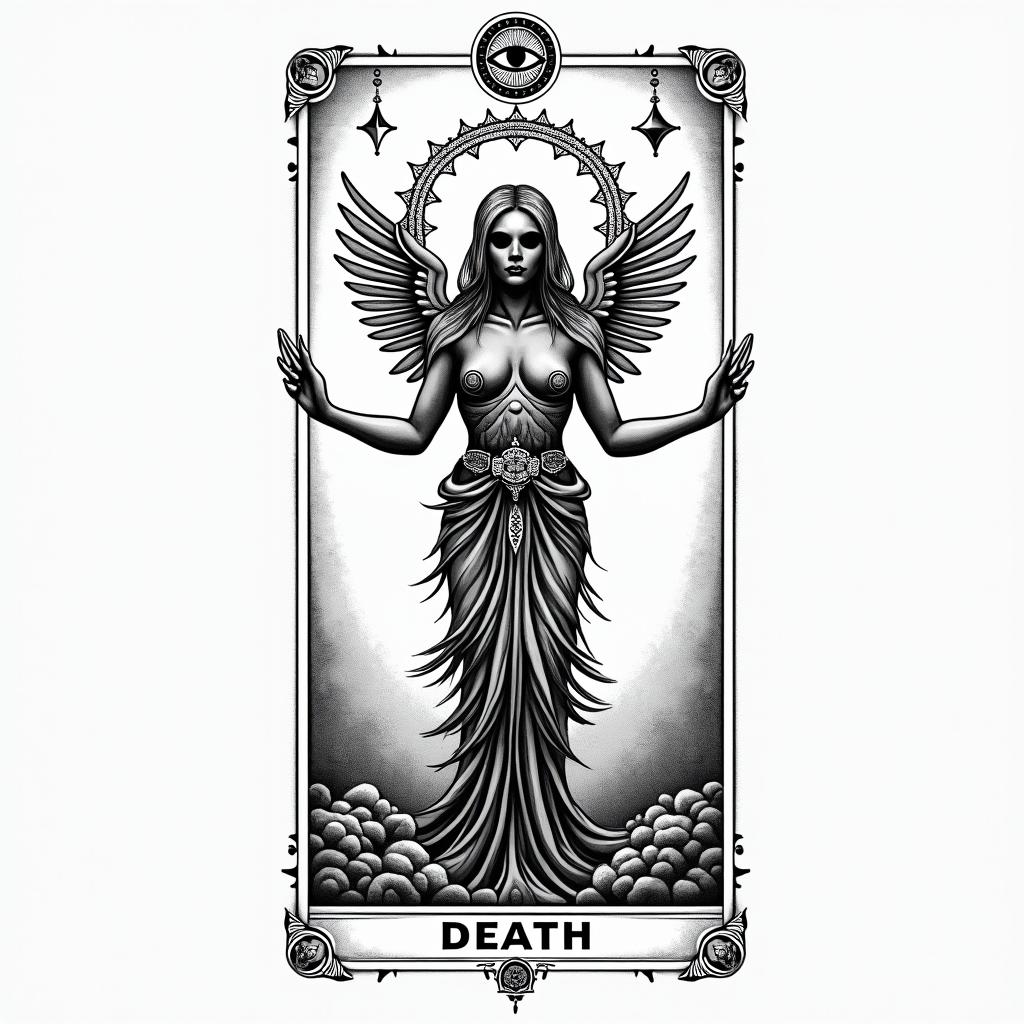 Death tarot cardin spiritual symbols tattoo style, featuring an intricate design incorporating elements, Hamsa hand, third eye, minimalist composition - Variation 4