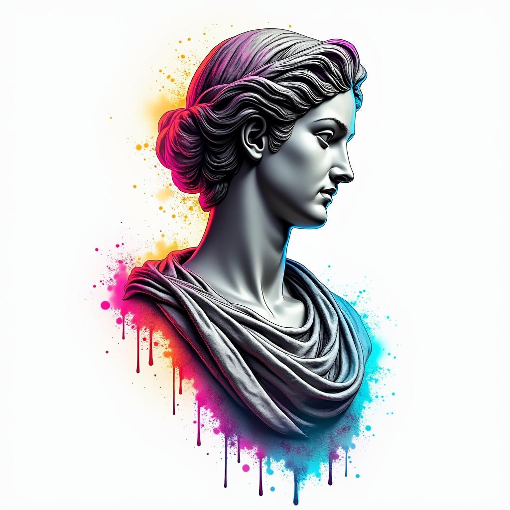 Fine line black rocketin distorted and fragmented tattoo design, featuring a classical statue bust, in a glitch art style with vibrant, overlapping colors of cyan, magenta, and yellow, creating a digital distortion effect - Variation 3