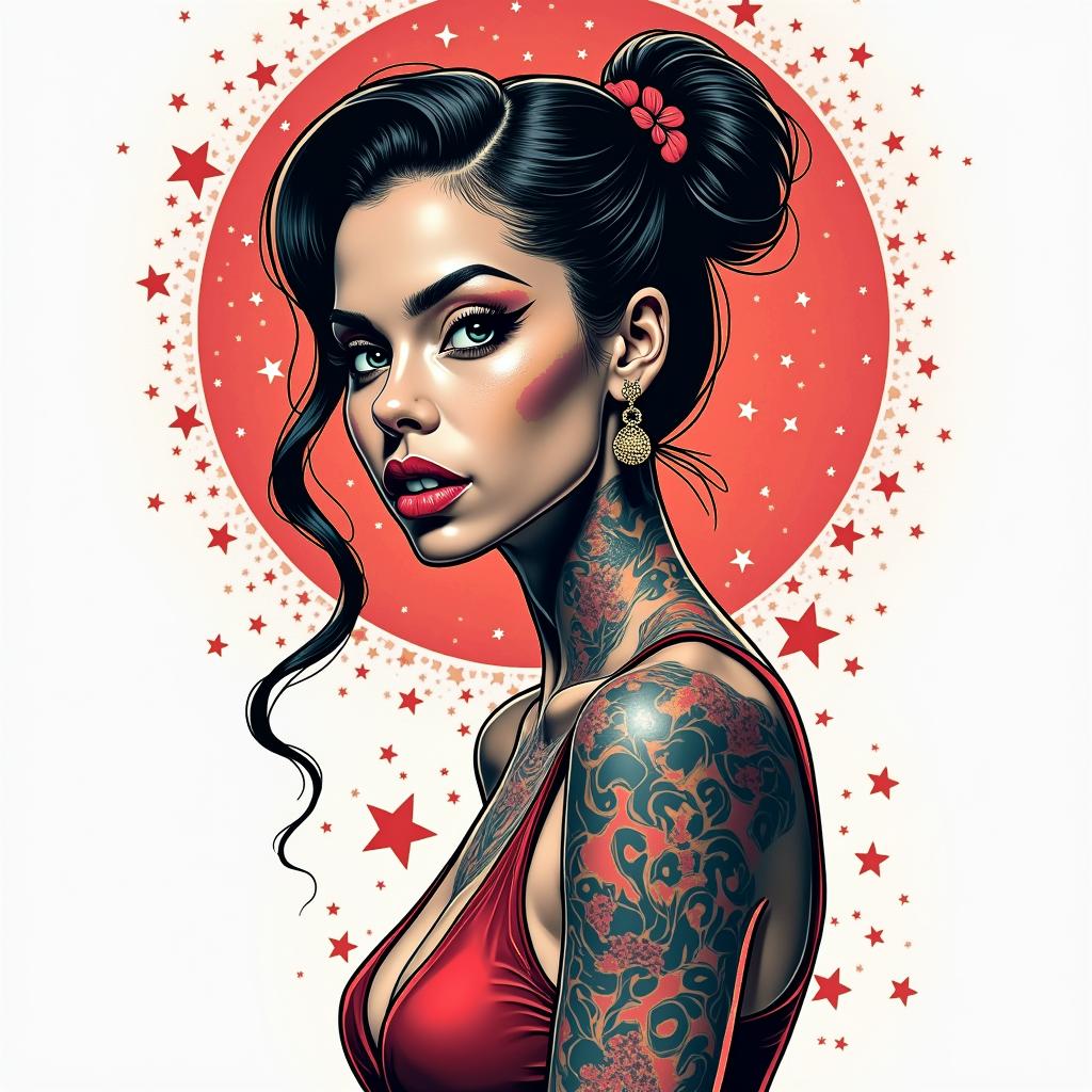 Amah’jayin pop art style tattoo, featuring bold and vibrant colors, exaggerated outlines, iconic imagery, inspired by comic books and speech bubbles, comic book characters, retro pop culture