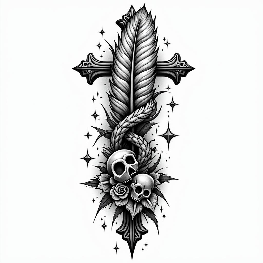 I would like to see a tattoo with a feather, the infinity symbol, and stars. And with the words dad and mom in Irish.in chicano style tattoo, featuring intricate black and grey shading, bold elements of traditional chicano culture symbols, add a big cross with skull, chains and roses - Variation 4
