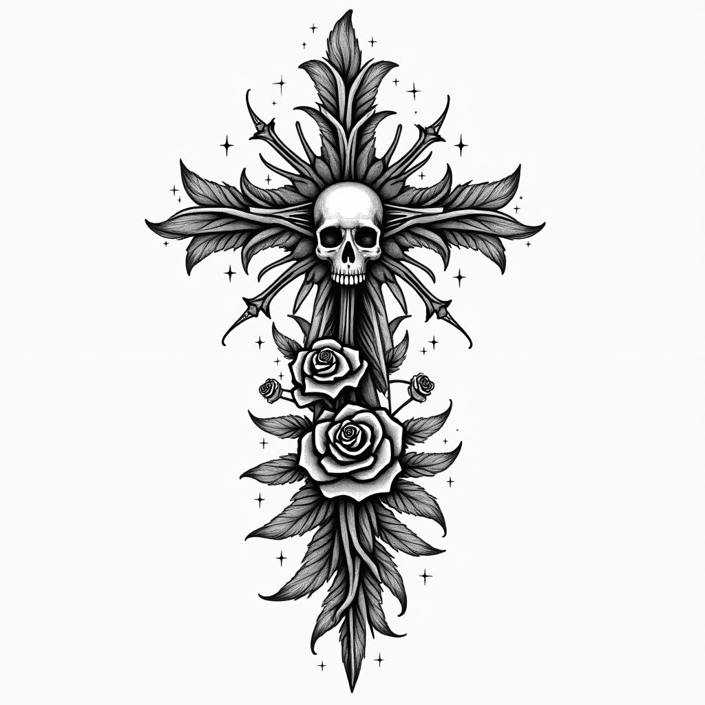 I would like to see a tattoo with a feather, the infinity symbol, and stars. And with the words dad and mom in Irish.in chicano style tattoo, featuring intricate black and grey shading, bold elements of traditional chicano culture symbols, add a big cross with skull, chains and roses - Variation 3