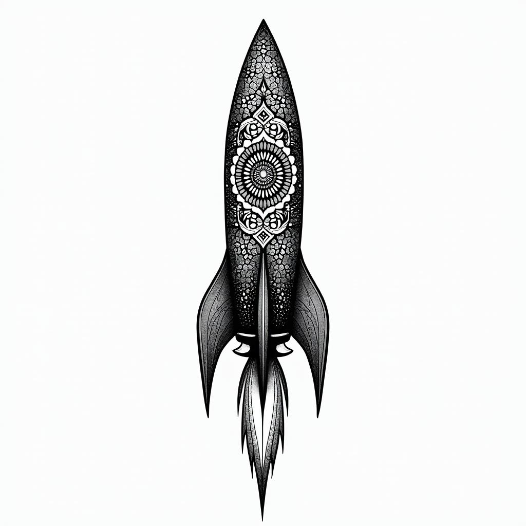 Fine line black rocketin dotwork style tattoo, complex mandala patterns, interlocking geometric shapes with sharp symmetry, clean lines, sharp angles