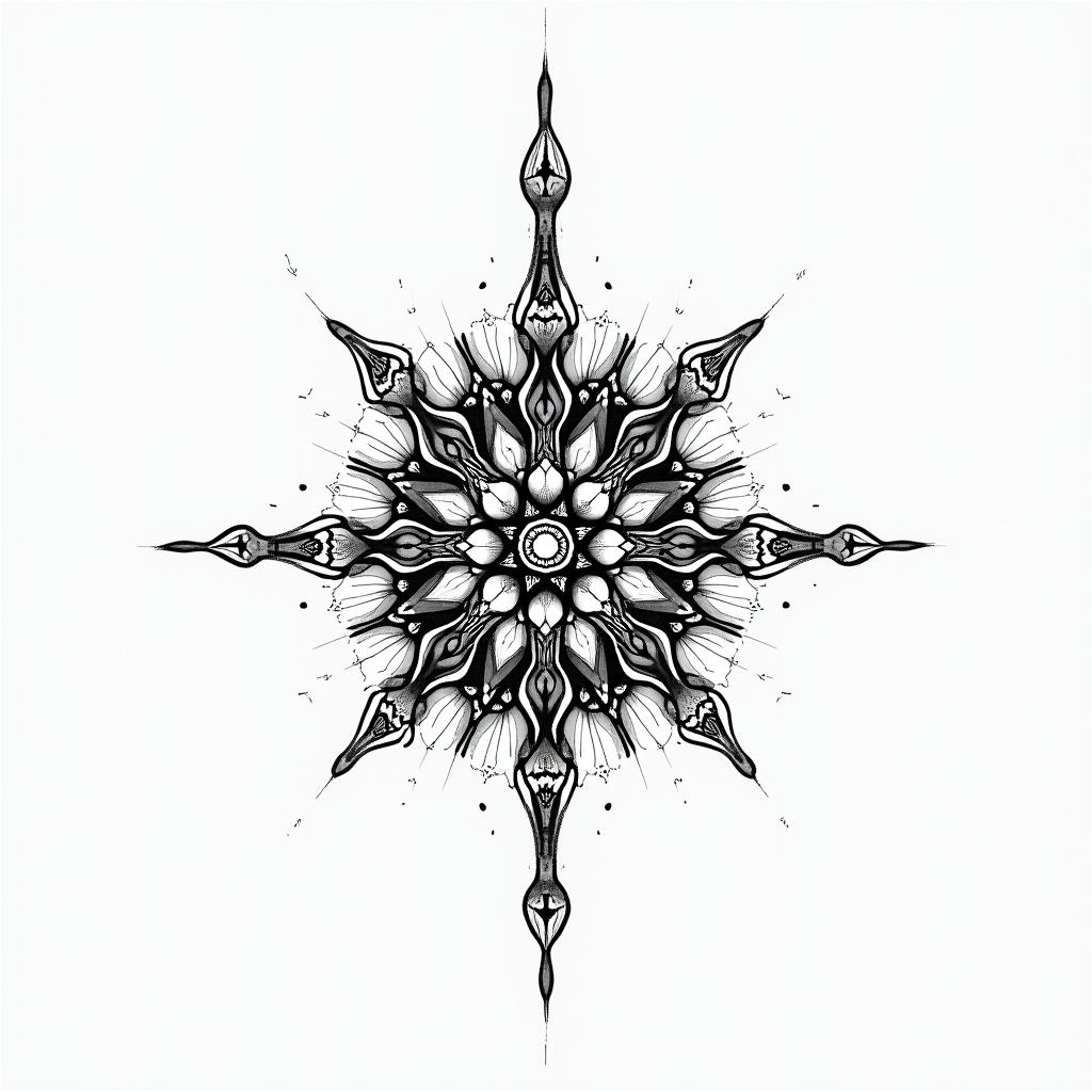 Fine line black rocketin dotwork style tattoo, complex mandala patterns, interlocking geometric shapes with sharp symmetry, clean lines, sharp angles - Variation 3