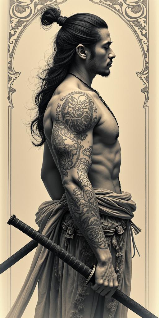 Samurai with a katanain victorian style tattoo, featuring vintage and elegant elements, ornate frames, roses, antique, sepia-toned color scheme - Variation 10