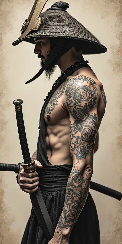 Samurai with a katanain victorian style tattoo, featuring vintage and elegant elements, ornate frames, roses, antique, sepia-toned color scheme - Variation 11