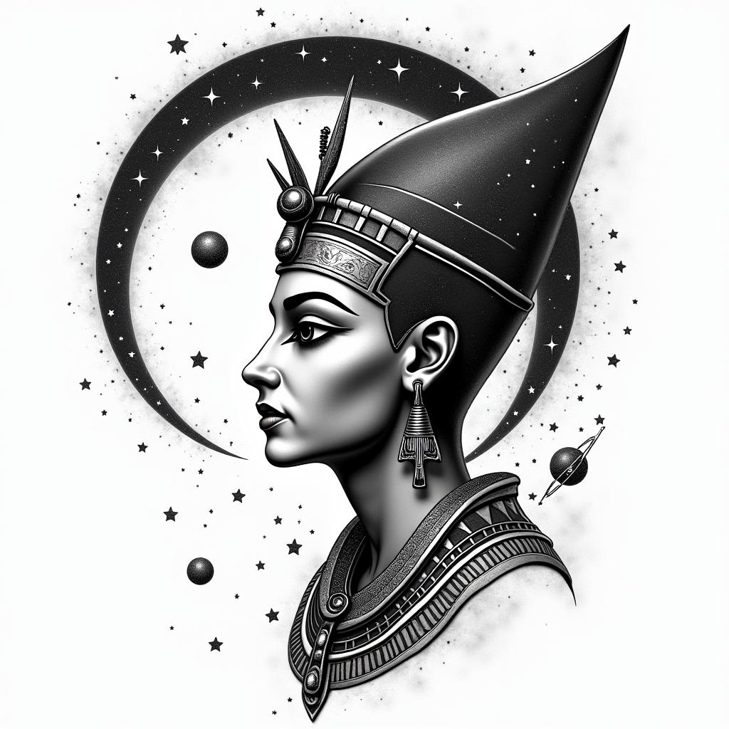 Spiral galaxy with stars and planetsin egyptian style tattoo, bold elements of ancient egyptian culture including a portrait of an Egyptian pharaoh with detailed facial features, in hieroglyphs and symbolic imagery, eye of horus, ankh symbol, scarab beetle - Variation 6