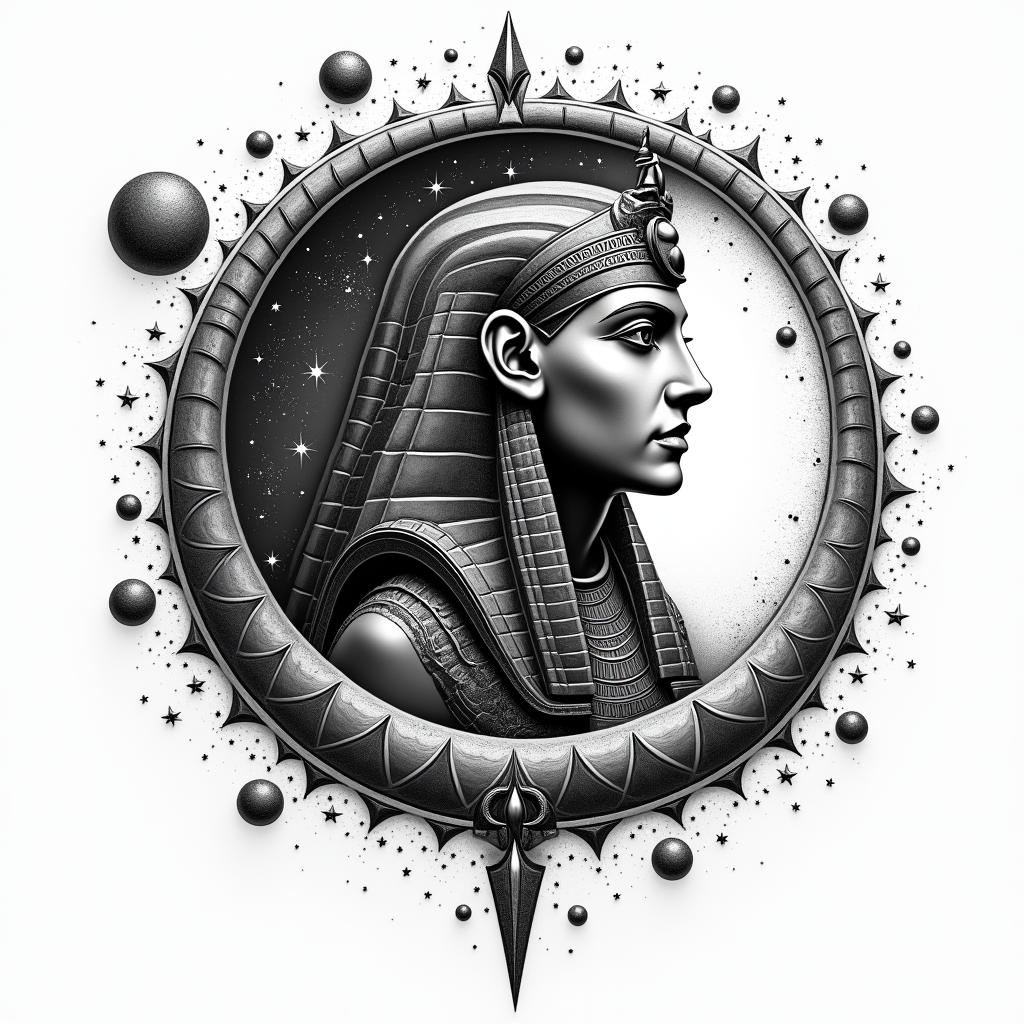 Spiral galaxy with stars and planetsin egyptian style tattoo, bold elements of ancient egyptian culture including a portrait of an Egyptian pharaoh with detailed facial features, in hieroglyphs and symbolic imagery, eye of horus, ankh symbol, scarab beetle - Variation 8