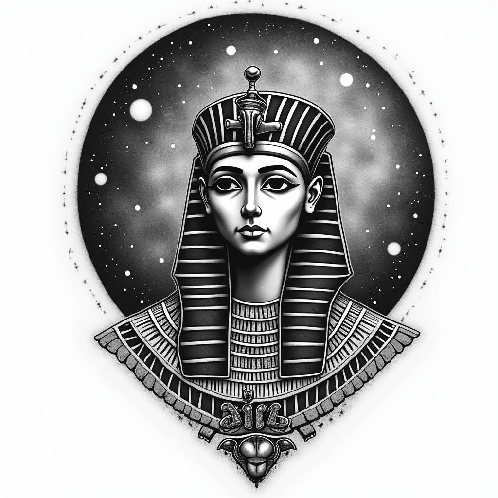 Spiral galaxy with stars and planetsin egyptian style tattoo, bold elements of ancient egyptian culture including a portrait of an Egyptian pharaoh with detailed facial features, in hieroglyphs and symbolic imagery, eye of horus, ankh symbol, scarab beetle - Variation 7