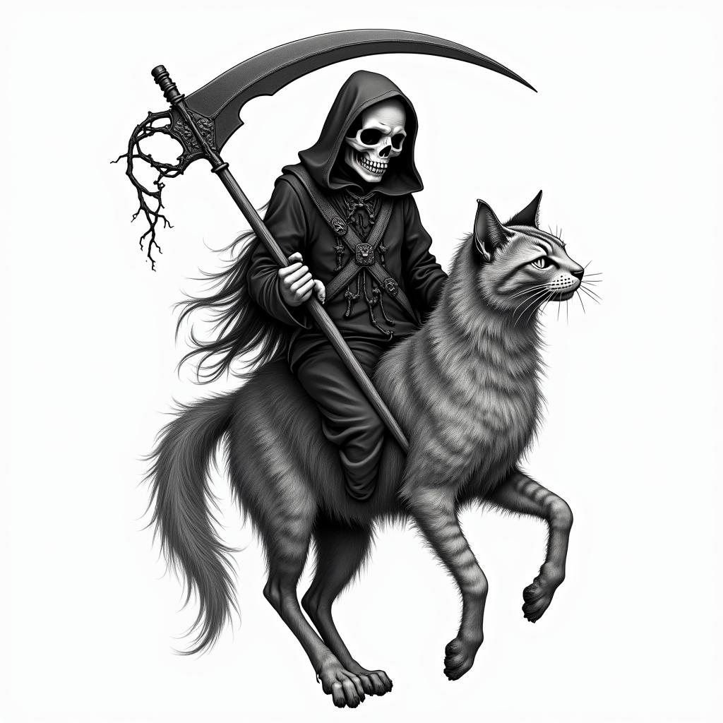 Grim reaper riding a cat in american tradional style
higly detailed tattoo - Variation 5