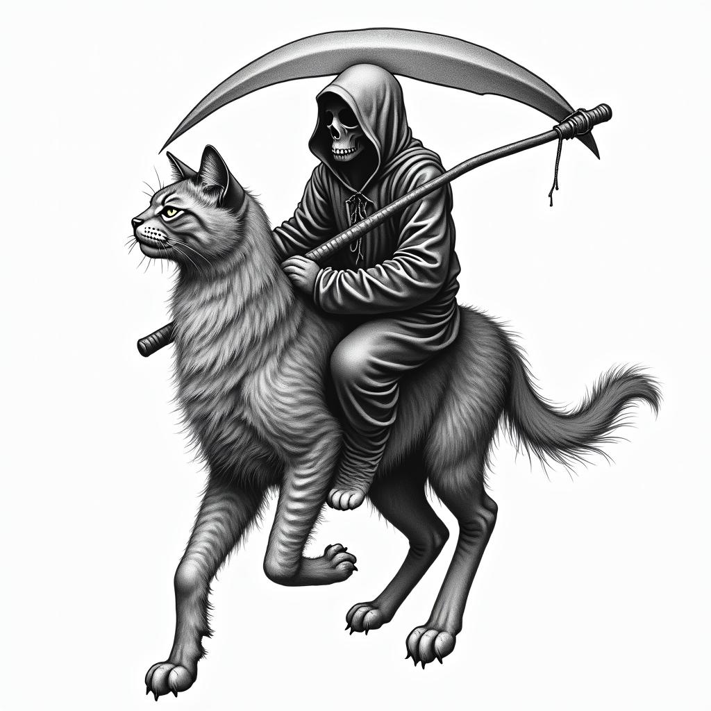 Grim reaper riding a cat in american tradional style
higly detailed tattoo - Variation 6