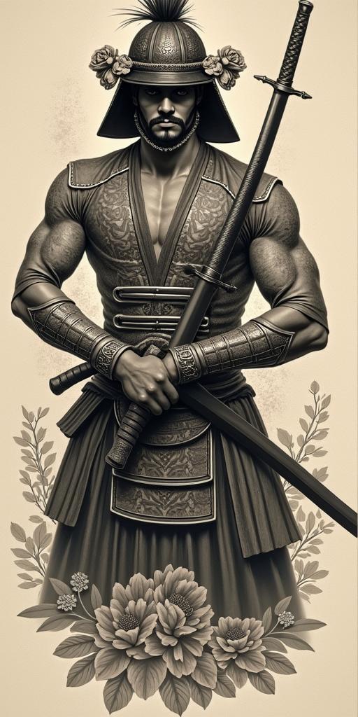 Samurai with a katanain victorian style tattoo, featuring vintage and elegant elements, ornate frames, roses, antique, sepia-toned color scheme - Variation 9