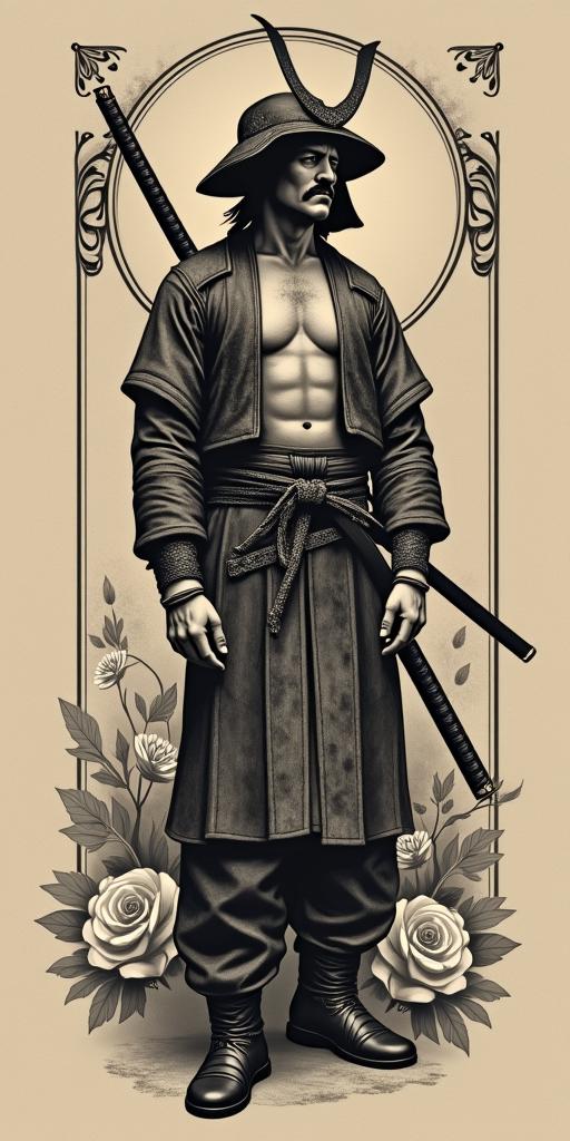 Samurai with a katanain victorian style tattoo, featuring vintage and elegant elements, ornate frames, roses, antique, sepia-toned color scheme - Variation 7