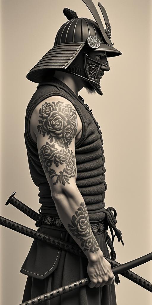 Samurai with a katanain victorian style tattoo, featuring vintage and elegant elements, ornate frames, roses, antique, sepia-toned color scheme - Variation 6