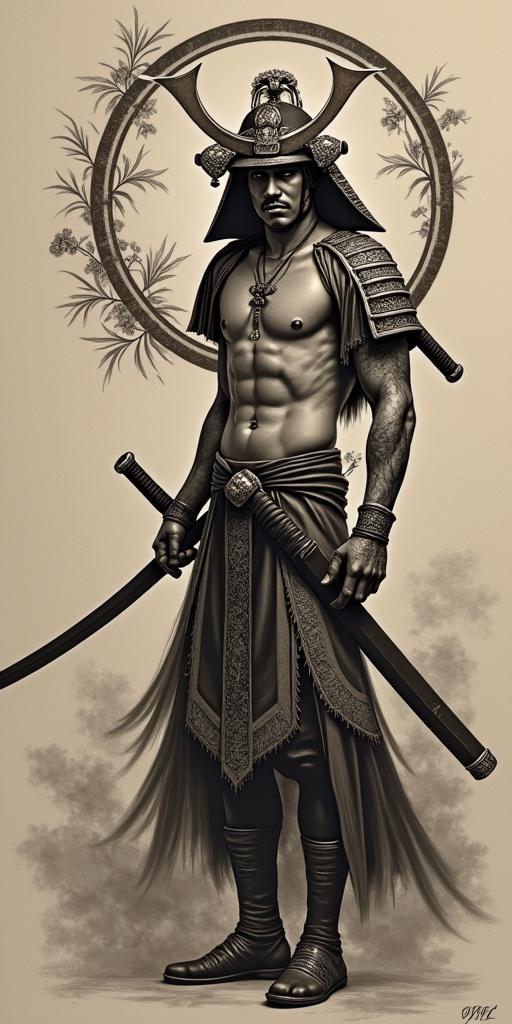 Samurai with a katanain victorian style tattoo, featuring vintage and elegant elements, ornate frames, roses, antique, sepia-toned color scheme - Variation 8