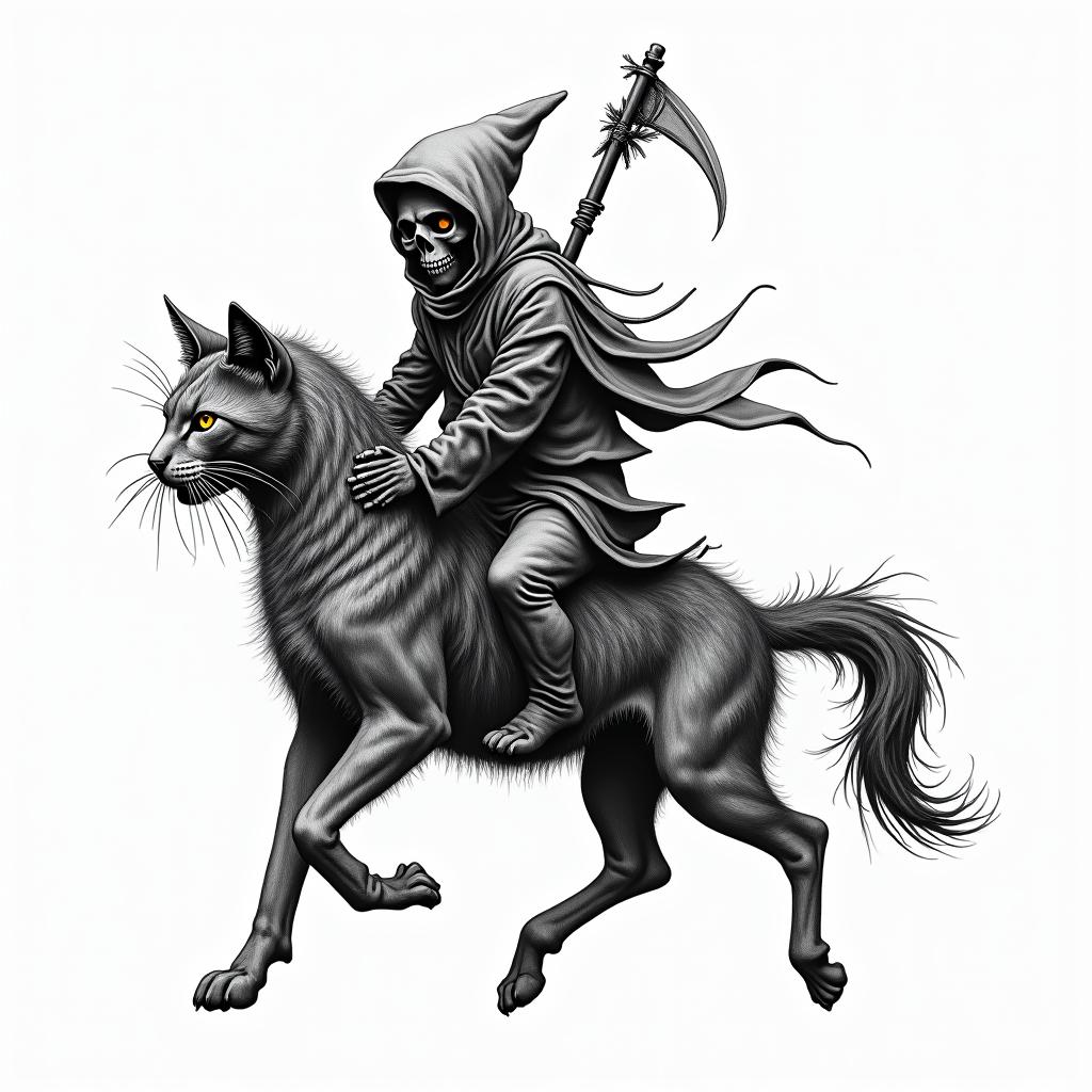 Grim reaper riding a cat in american tradional style
higly detailed tattoo - Variation 2
