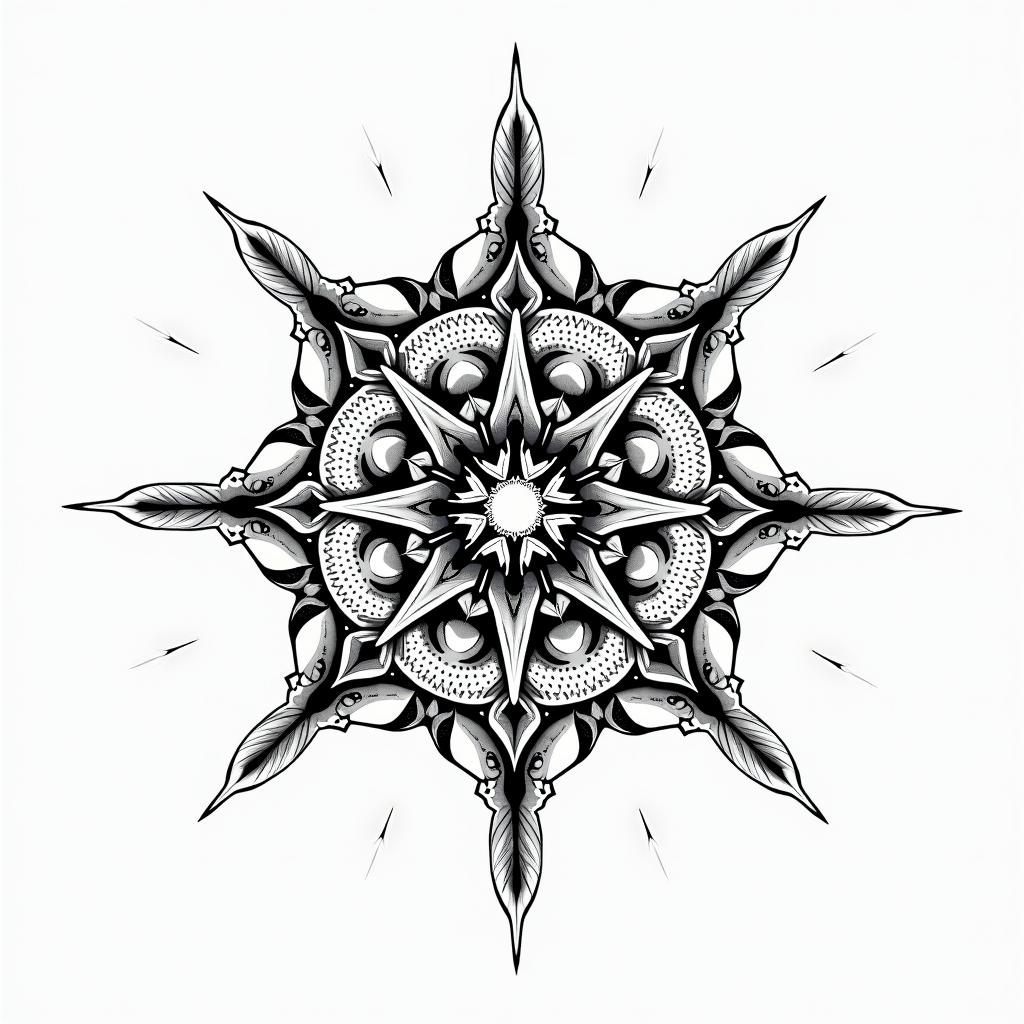 Gamal, Taurus, Las Vegasin dotwork style tattoo, complex mandala patterns, interlocking geometric shapes with sharp symmetry, clean lines, sharp angles - Variation 5