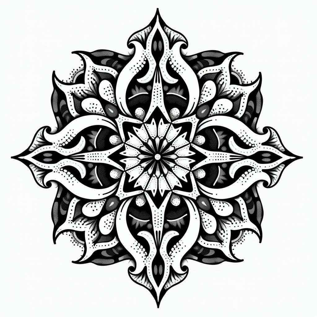Gamal, Taurus, Las Vegasin dotwork style tattoo, complex mandala patterns, interlocking geometric shapes with sharp symmetry, clean lines, sharp angles - Variation 7