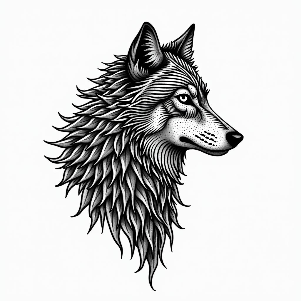 Wolf shadowin dotwork style tattoo, complex mandala patterns, interlocking geometric shapes with sharp symmetry, clean lines, sharp angles - Variation 3