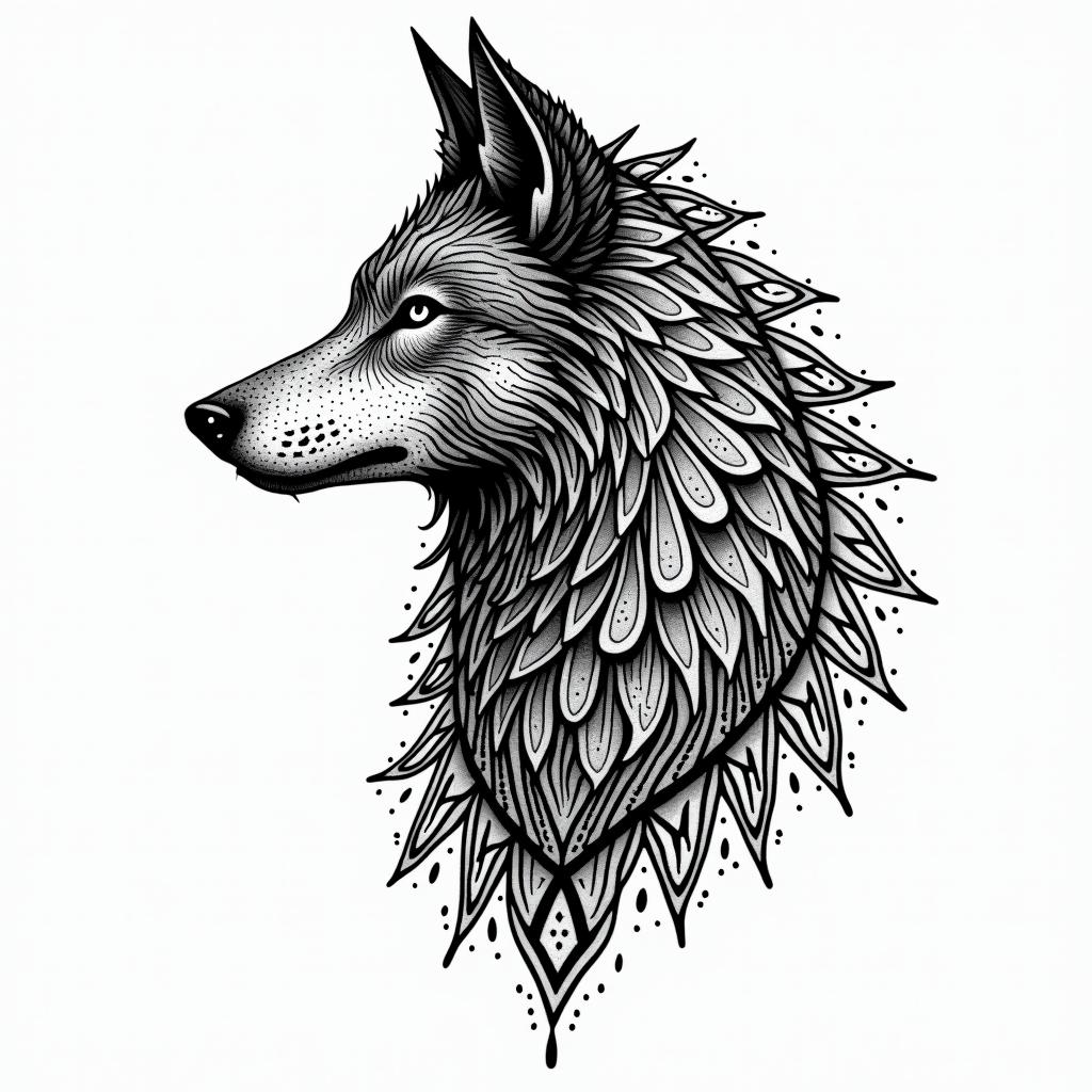Wolf shadowin dotwork style tattoo, complex mandala patterns, interlocking geometric shapes with sharp symmetry, clean lines, sharp angles