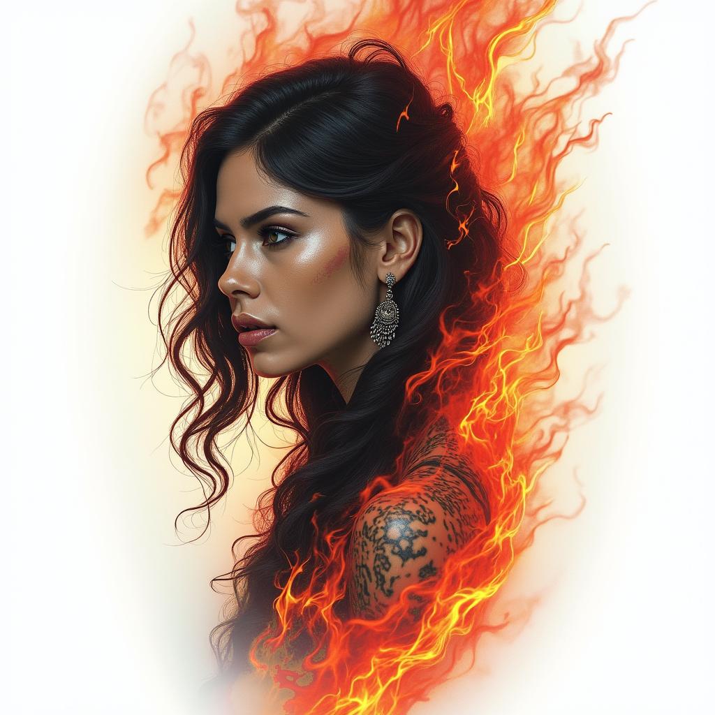 Pamela dark retribution revenge vengeance Justicein flame tattoo style showcasing fiery elements with dynamic flame patterns, glowing effect of flames, natural colors