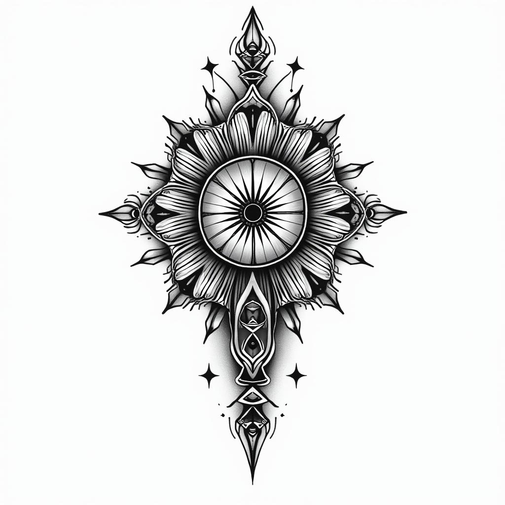 Chris capricornin spiritual symbols tattoo style, featuring an intricate design incorporating elements, Hamsa hand, third eye, minimalist composition - Variation 3