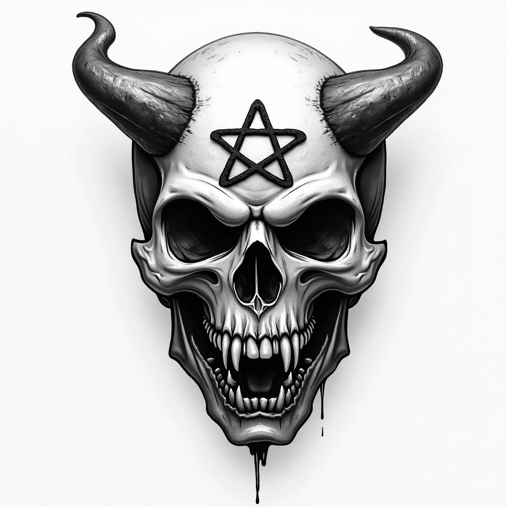 Vladimir,scorpio,Mojkovaccreepy horror tattoo style, featuring an eerie and unsettling skull of a demonic creature, distorted face with sharp fangs, add pentagram symbol