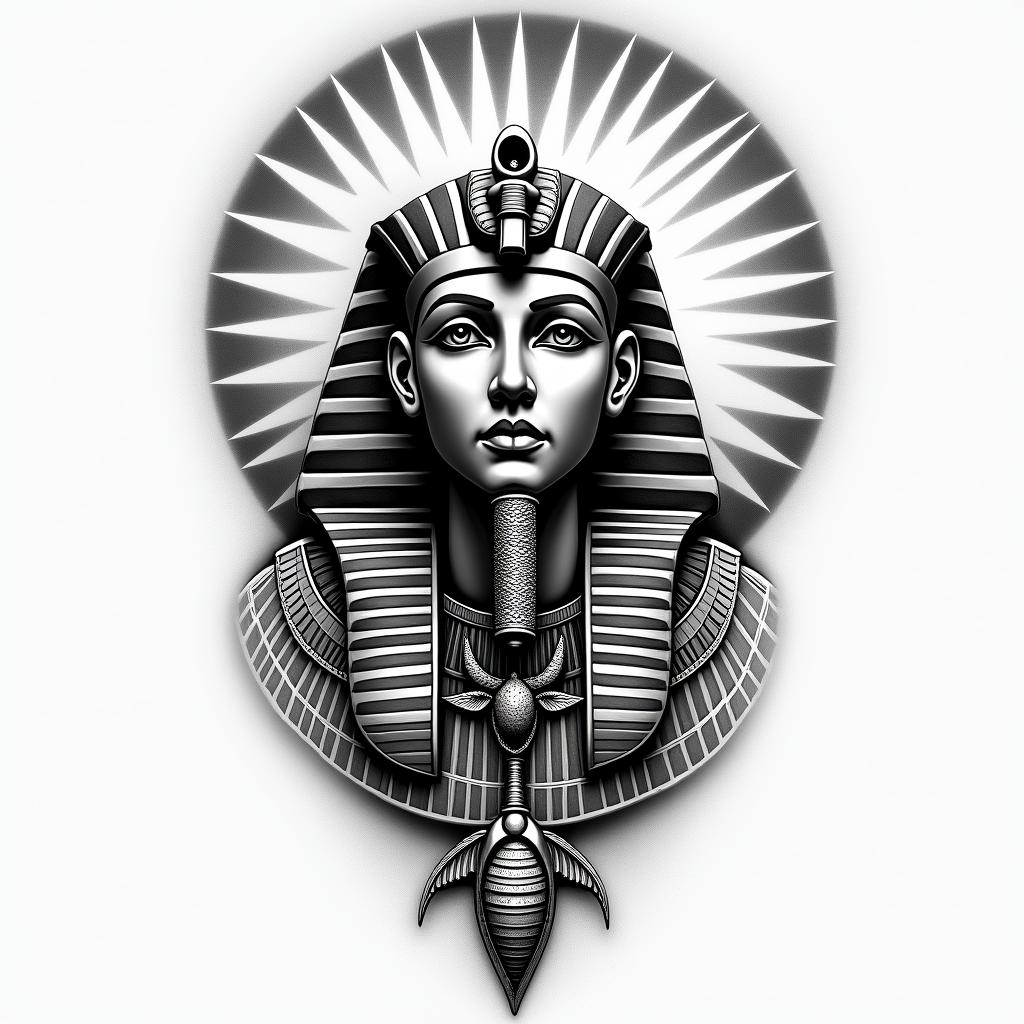 Blazing sunin egyptian style tattoo, bold elements of ancient egyptian culture including a portrait of an Egyptian pharaoh with detailed facial features, in hieroglyphs and symbolic imagery, eye of horus, ankh symbol, scarab beetle