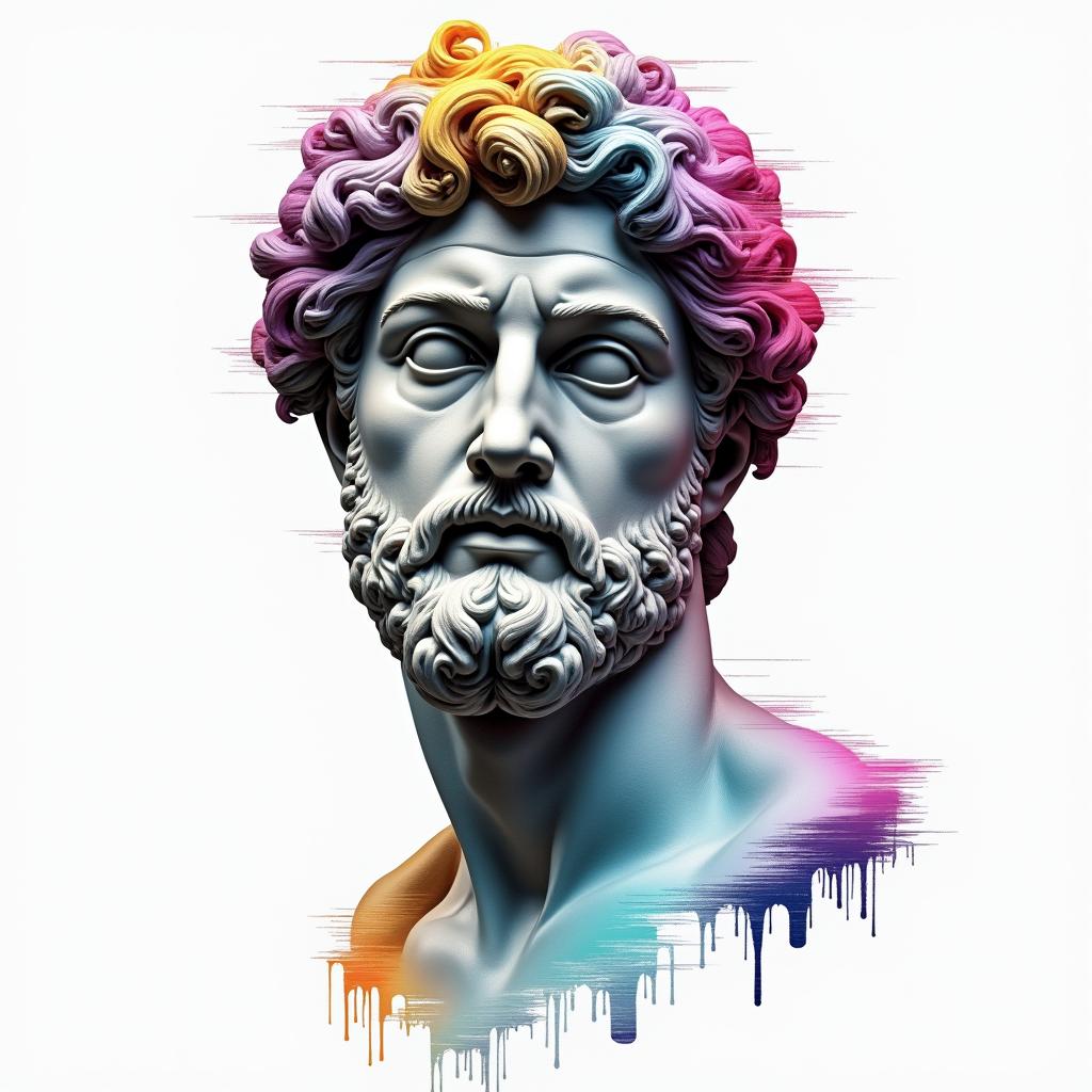 Chrisin distorted and fragmented tattoo design, featuring a classical statue bust, in a glitch art style with vibrant, overlapping colors of cyan, magenta, and yellow, creating a digital distortion effect - Variation 3