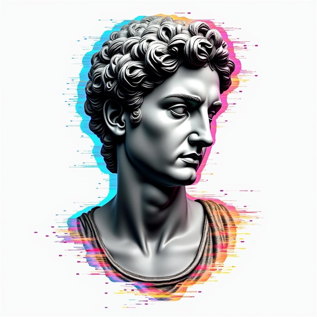 Chrisin distorted and fragmented tattoo design, featuring a classical statue bust, in a glitch art style with vibrant, overlapping colors of cyan, magenta, and yellow, creating a digital distortion effect - Variation 4