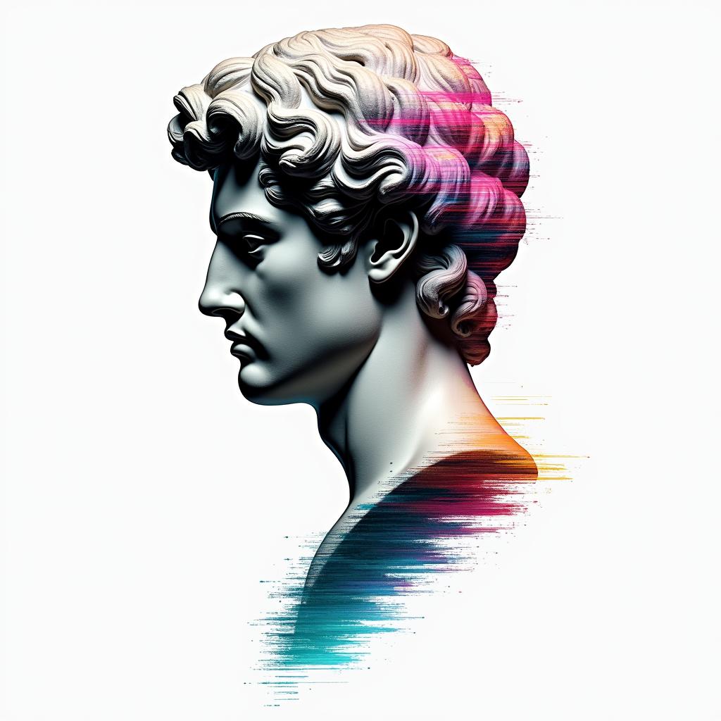 Chrisin distorted and fragmented tattoo design, featuring a classical statue bust, in a glitch art style with vibrant, overlapping colors of cyan, magenta, and yellow, creating a digital distortion effect
