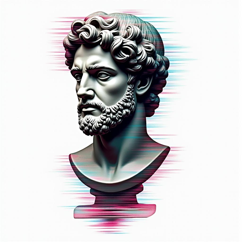 Chrisin distorted and fragmented tattoo design, featuring a classical statue bust, in a glitch art style with vibrant, overlapping colors of cyan, magenta, and yellow, creating a digital distortion effect - Variation 2