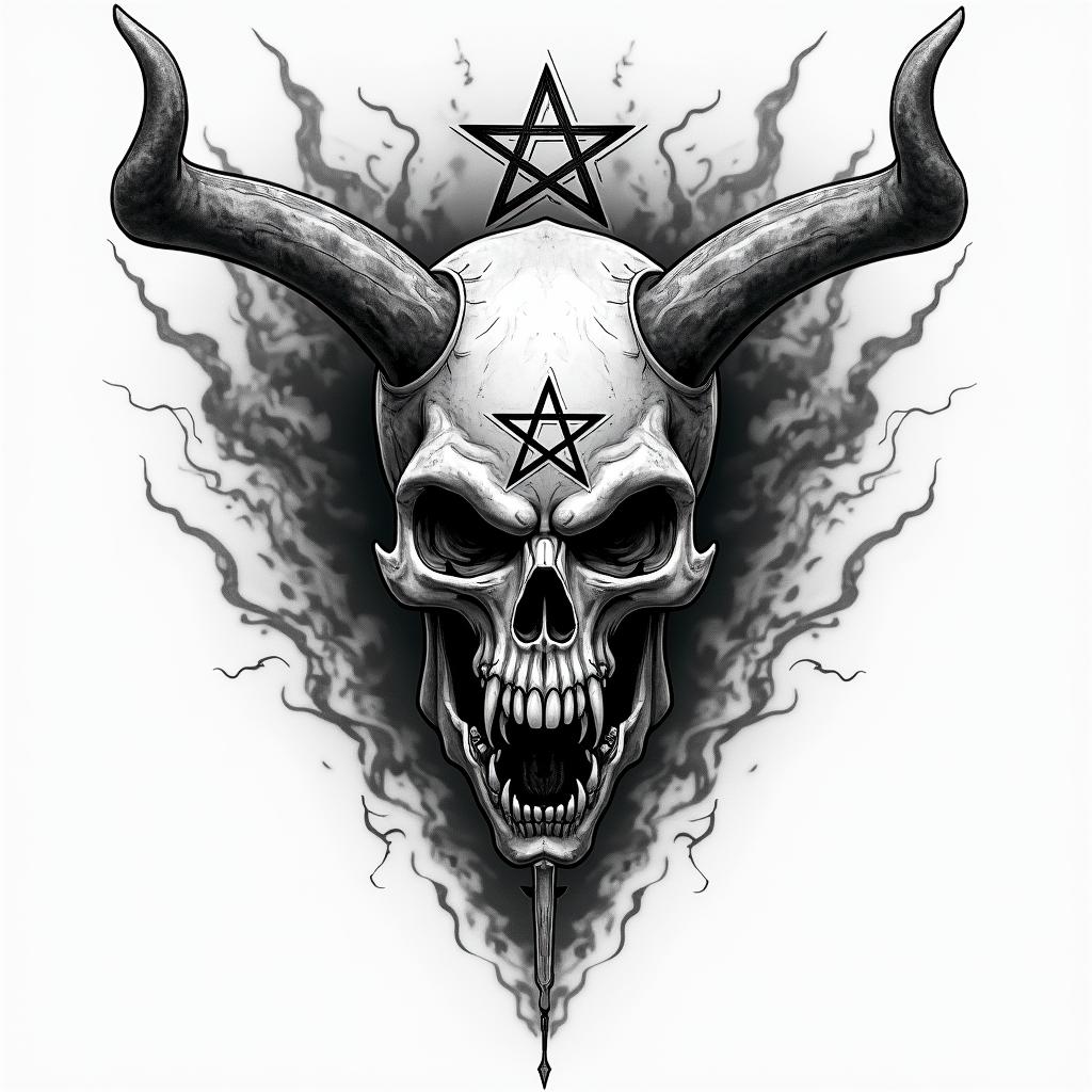 Demon of anger, spirit of anger, thunder and dark cloudscreepy horror tattoo style, featuring an eerie and unsettling skull of a demonic creature, distorted face with sharp fangs, add pentagram symbol