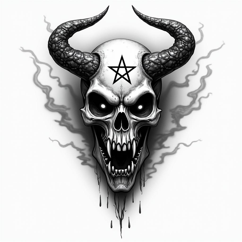 Demon of anger, spirit of anger, thunder and dark cloudscreepy horror tattoo style, featuring an eerie and unsettling skull of a demonic creature, distorted face with sharp fangs, add pentagram symbol - Variation 4