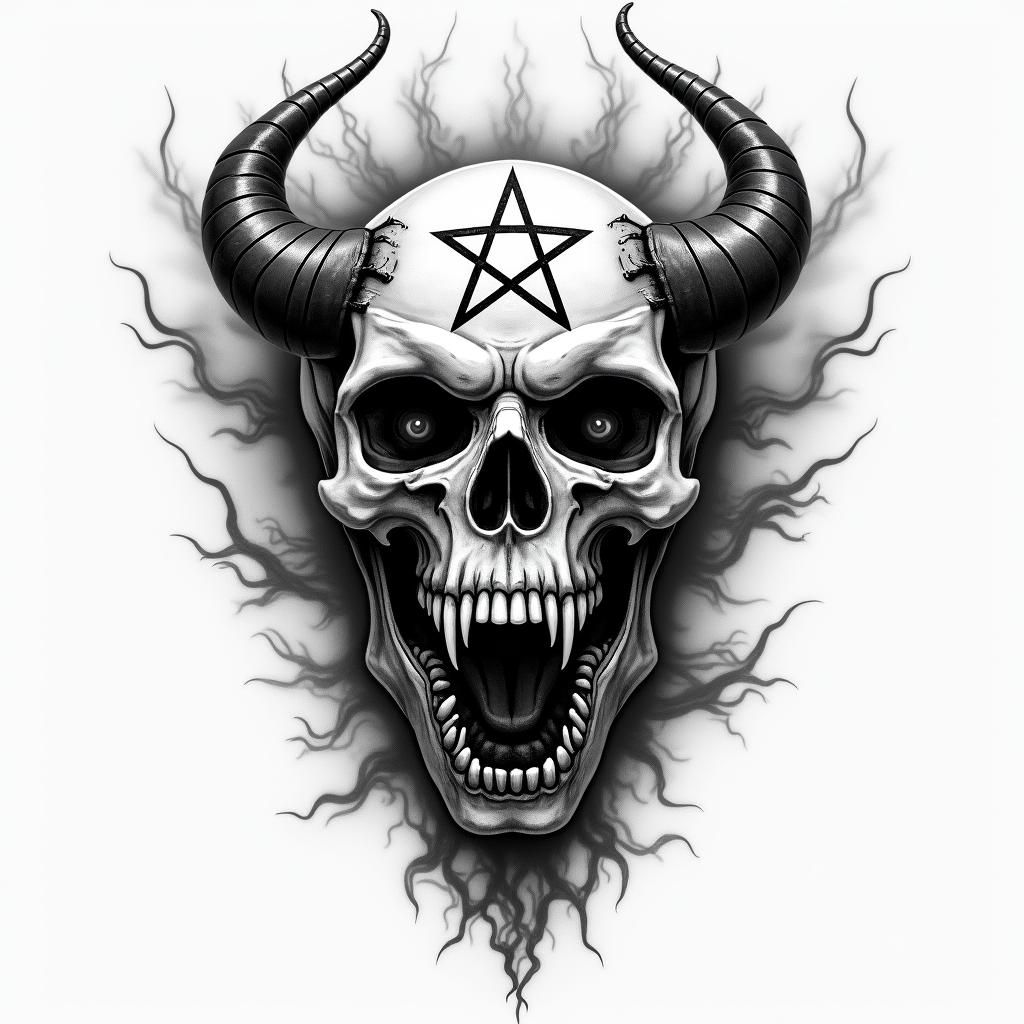 Demon of anger, spirit of anger, thunder and dark cloudscreepy horror tattoo style, featuring an eerie and unsettling skull of a demonic creature, distorted face with sharp fangs, add pentagram symbol - Variation 2